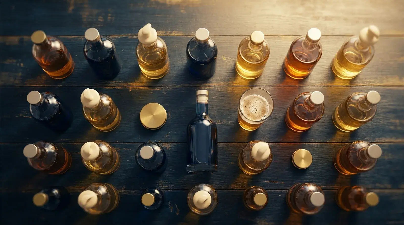 Bouteilles de bières ivoiriennes alignées sur un comptoir en bois sombre, ambiance éditoriale.