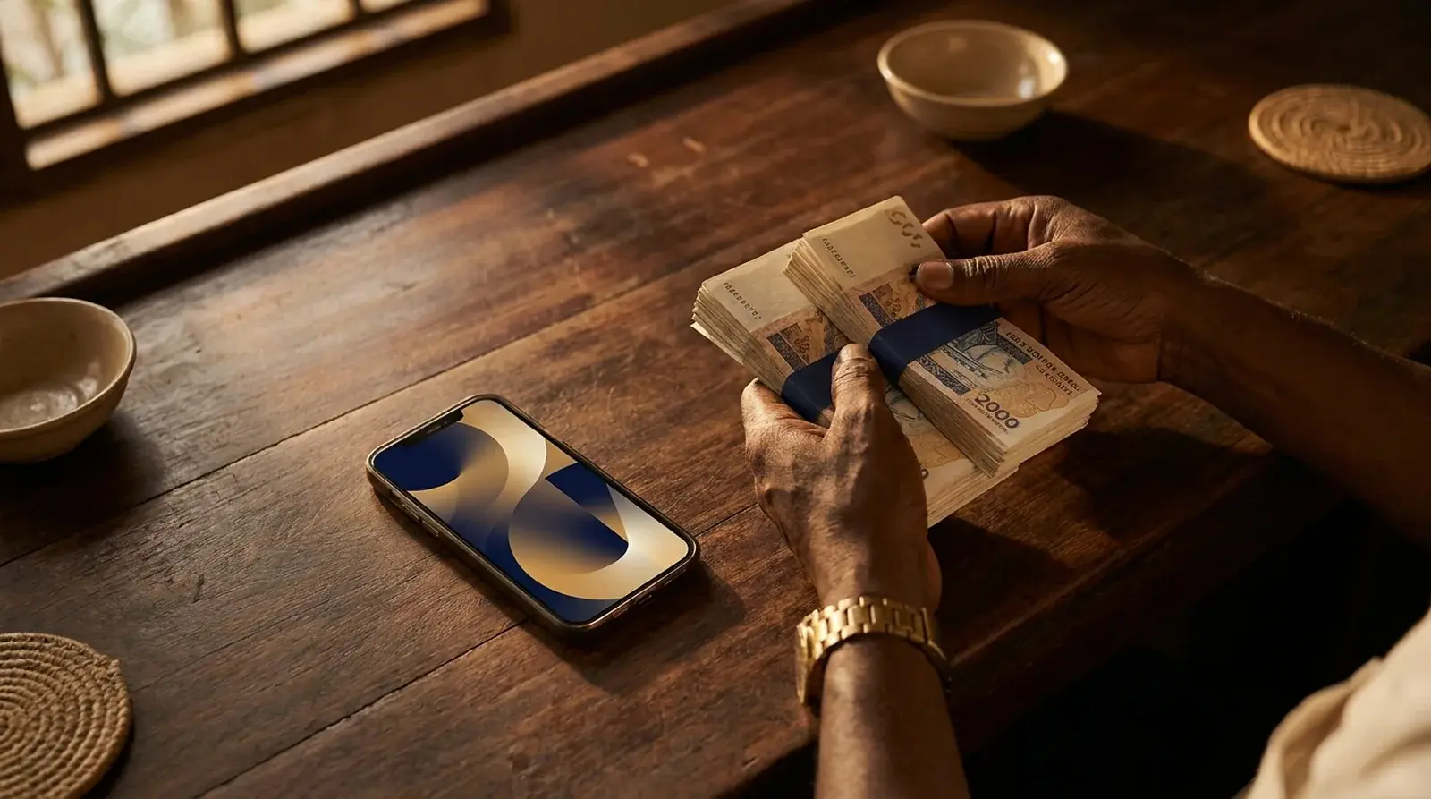 Mains comptant des billets FCFA à côté d'un smartphone affichant un tableau de bord, sur un comptoir en bois.