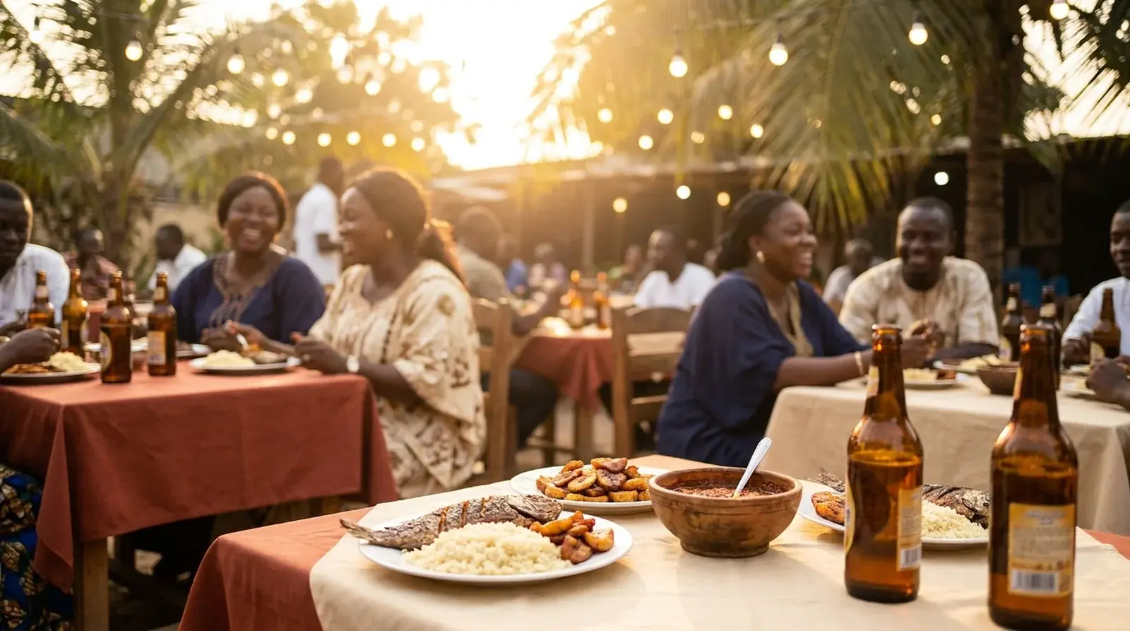 Maquis abidjanais en soirée avec tables en bois, poisson braisé et clients.