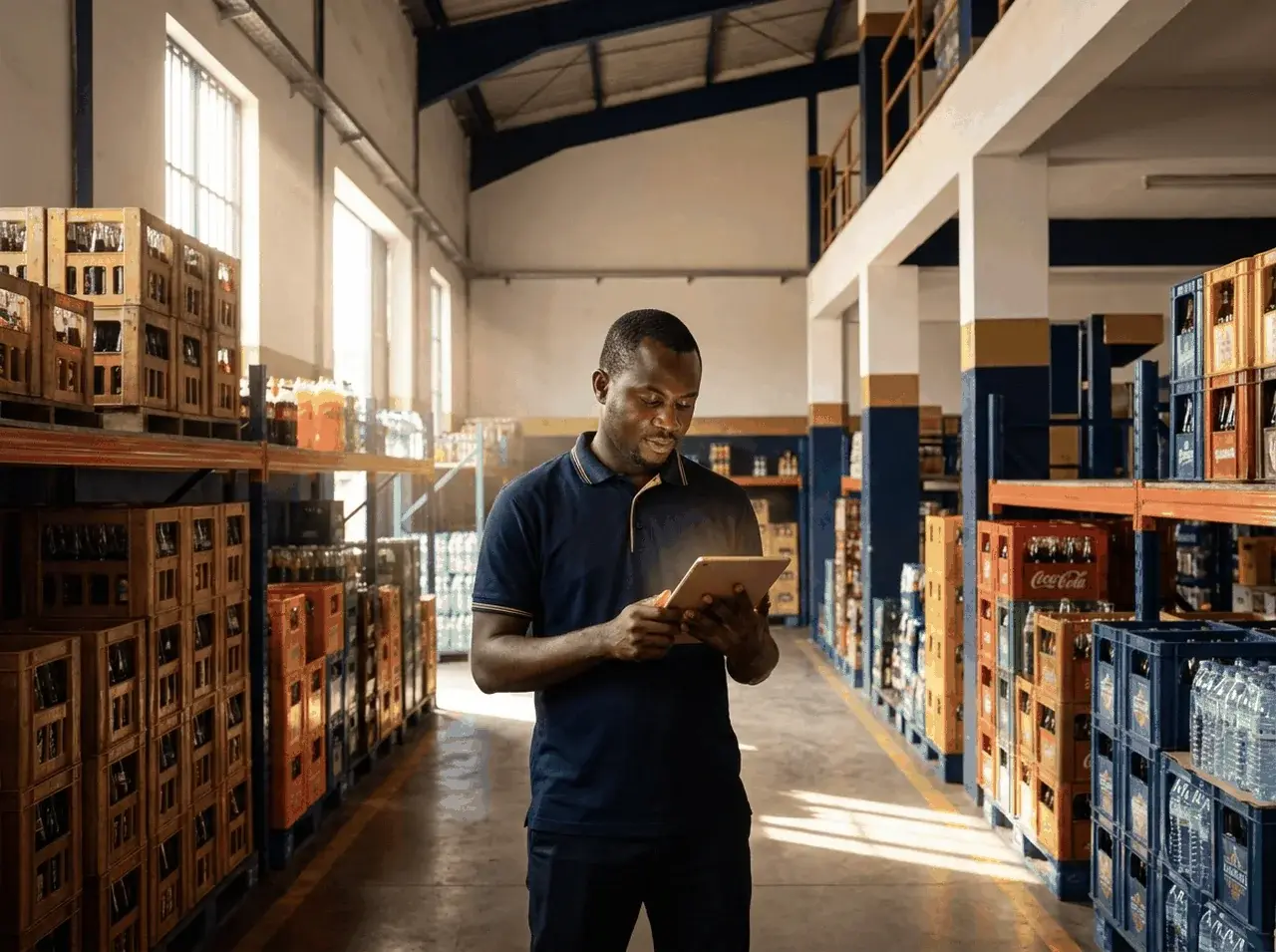Dépôt de boissons à Abidjan avec caisses empilées et tablette affichant le suivi de stock Titans.