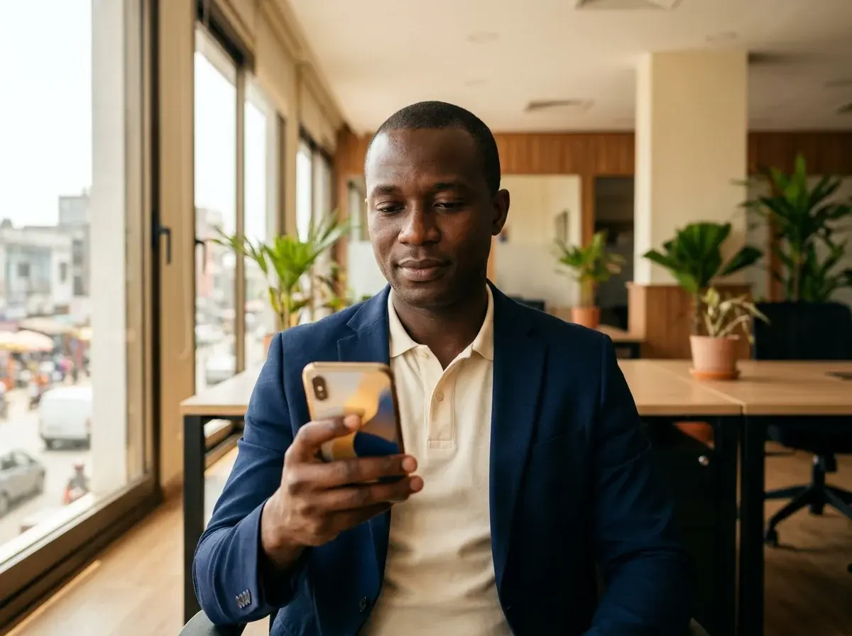 Entrepreneur ivoirien consultant le tableau de bord Titans depuis son téléphone dans un espace de travail moderne à Abidjan.